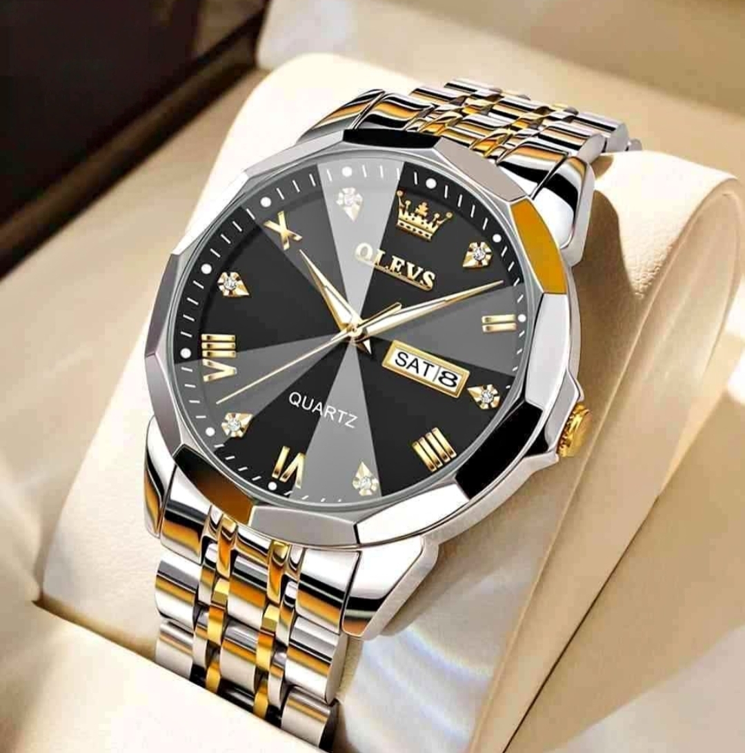 OLEVS Royal Classic Two-Tone Watch for Men — Diamond-Cut Bezel with Black Dial