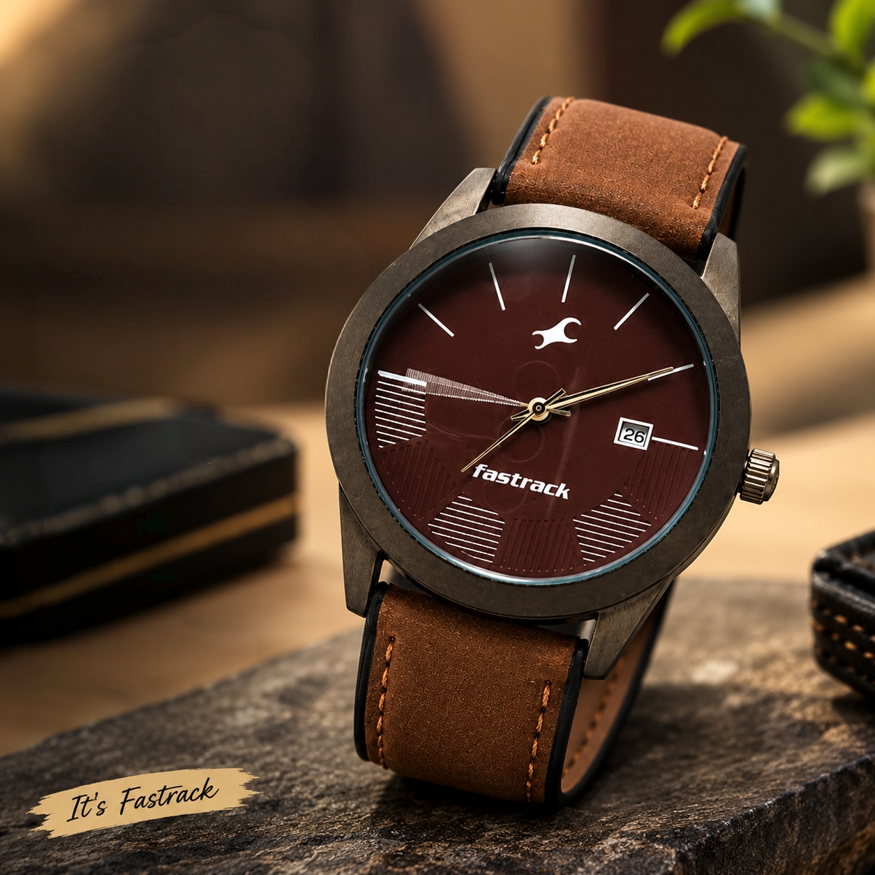 Fastrack F-043 Premium Men's Watch - Brown Dial with Textured Leather Strap